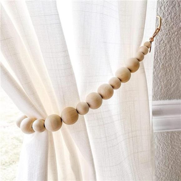 Set of 2 Curtain Tie Backs (Color Beads - Khaki Leather Cord) - Picture 1 of 5